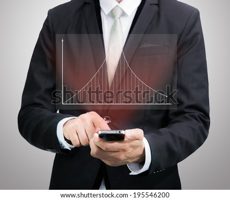 Businessman standing posture hand hold mobile phone analyze graph isolated on gray background