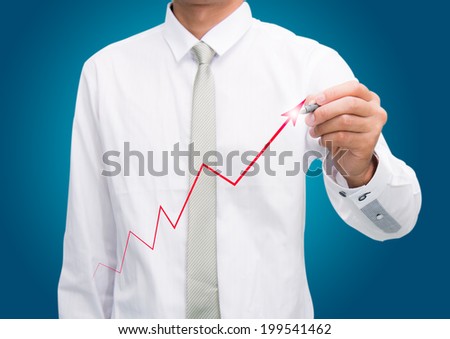 Businessman standing posture hand hold a pen isolated on blue background