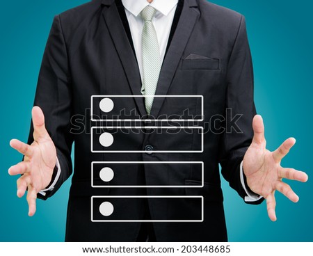 Businessman standing posture hand holding strategy flowchart isolated on over gray background