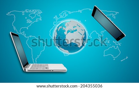 Earth globe tablet and computer laptop communication concept on blue background