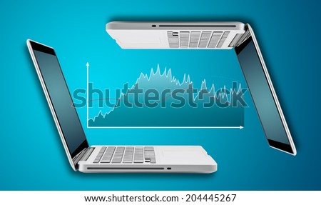 Technology laptop computer with graph finance forex chart on blue background