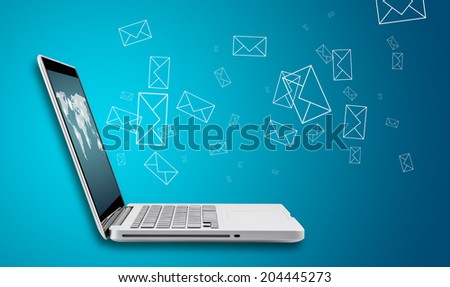 Computer laptop send email concept on blue background