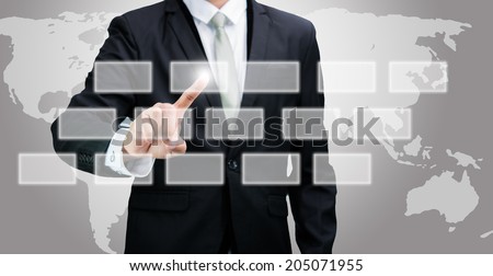 Businessman standing posture hand touching technology concept on gray background