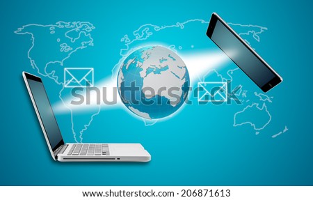 Earth globe tablet and computer laptop communication concept on blue background