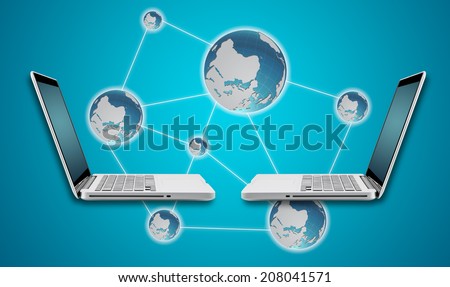 Technology computer laptop and networking concept with map on blue background