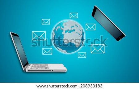 Earth globe tablet and computer laptop mail communication concept on blue background