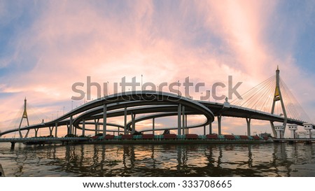 Landscape sunset of Bhumibol Bridge, Industrial Ring Road Bridge Panorama of Thailand