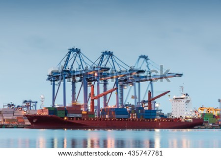 Container Cargo freight ship by crane bridge, logistics harbor at sunrise