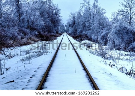 Arctic Express. Railroad tracks traverse through the beauty of a northern winter wonderland
