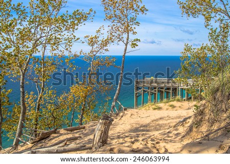 Sleeping Bear Dunes. Overlook from the top of Sleeping Bear Dunes with the crystal clear waters of Lake Michigan as the backdrop.