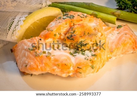 Salmon With Crab Stuffing.  Salmon fillets with crab stuffing fresh from the oven.