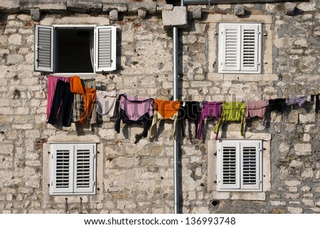 Drying clothes on the wall of Diocletian palace in Split town in Croatia