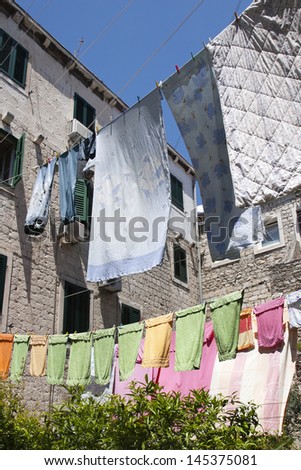 Drying clothes between houses in Diocletian palace in Split, Croatia