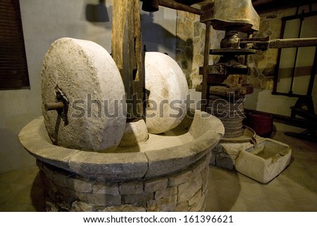Ancient Olive Oil Production Machinery, Stone Mill And Mechanical Press