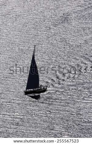 Aerial view of sailing boat on Adriatic sea in Croatia