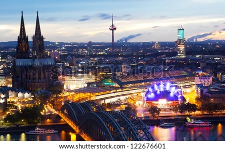 View of Cologne and the Cologne cathedral in the night from height of bird\'s flight