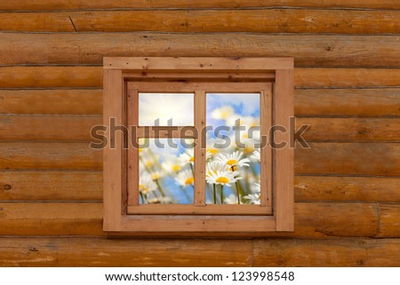 field with camomiles is visible from a window in the wooden house