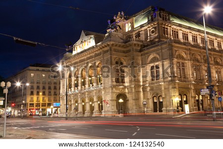 VIENNA, AUSTRIA - JUNE 9: Vienna state opera at night, Vienna, Austria, June 9, 2012. The Vienna opera - the largest opera theater in Austria, the center of musical culture.