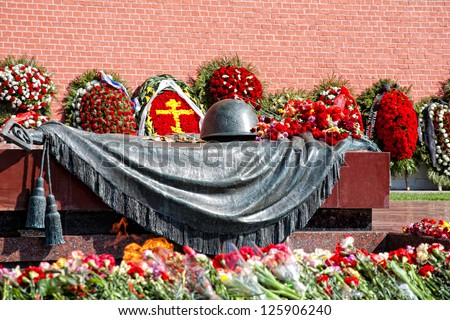 Wreaths at a monument to the Unknown soldier at the Kremlin wall in Moscow.