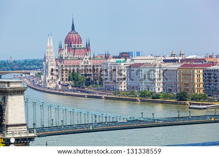 View of a building of the Hungarian parliament, Danube and chain Secheni Bridge