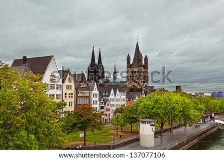 Rhine River Embankment in Cologne in the autumn in cloudy day