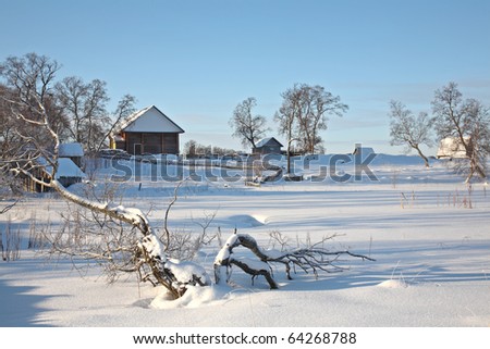 Beautiful winter rural landscape. Solar weather.