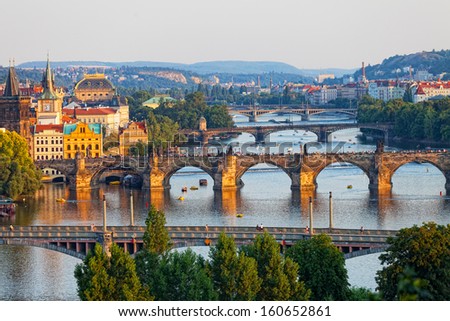 View Of The Vltava River And The Bridges Shined With The Sunset Sun, Prague, The Czech Republic