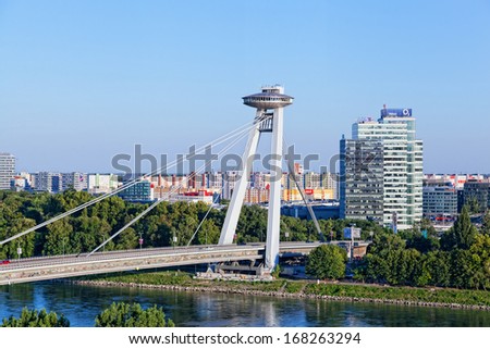 BRATISLAVA, SLOVAKIA - JULY 21:New bridge, Bratislava, Slovakia, July 21, 2013. It is the only bridge, not having any support in line with the Danube River and considered as the biggest in the city