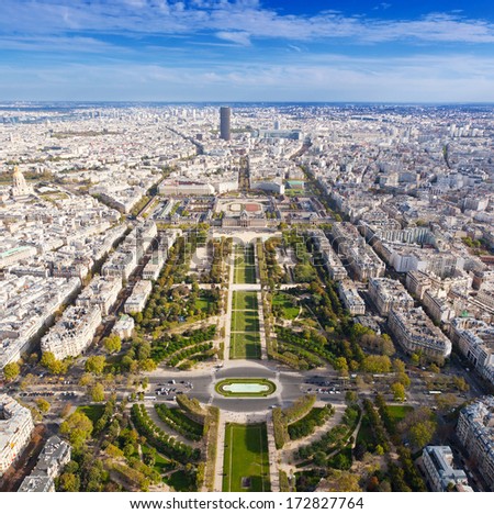 Top view from Eiffel tower on famous Champs de Mars. Paris. France