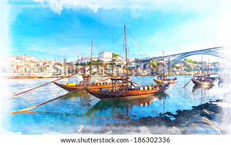 old Porto and traditional boats with wine barrels, Portugal. Imitation of water color drawing