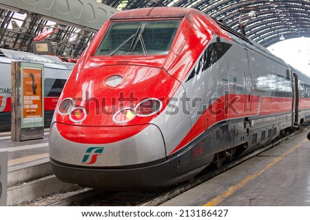 ITALY, MILAN-MAI 7,2014: The modern high-speed train at the station. The central railway station of Milan (ital. Milano Centrale) is one of the largest stations of Europe.
