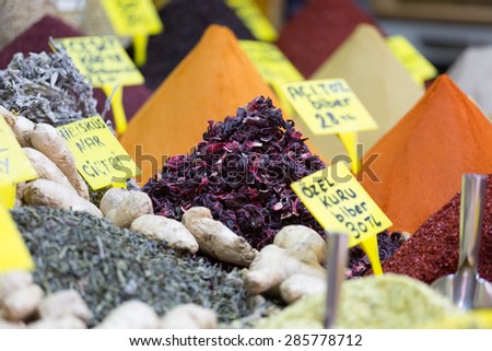 Fruit and herbal tea and various spices on the Grand Bazar in Istanbul