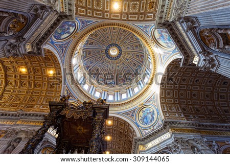 VATICAN - MAY 5, 2014. St Peter\'s Basilica. St. Peter\'s Cathedral - a Catholic cathedral, the central and largest construction of Vatican, the largest historical Christian church in the world.