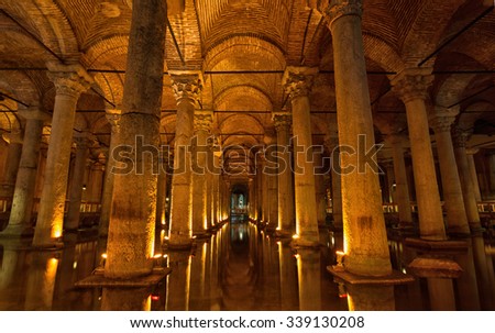 TURKEY, ISTANBUL - MAY 15, 2015: Basilica Cistern in Istanbul. Basilica Cistern- one of the largest and well remained ancient underground reservoirs of Constantinople