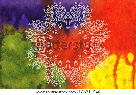 Ornamental lace on hand drawn bright watercolor background on paper