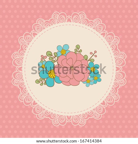 Cute vector card with pink flowers. Pink background, polka dot and white lace frame. Ideal for scrap booking, celebration card, invitation.