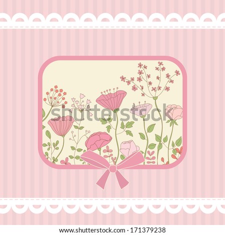 Cute vector card with pink flowers. Pink striped background and white lace frame. Ideal for scrapbooking, celebration card, invitation.