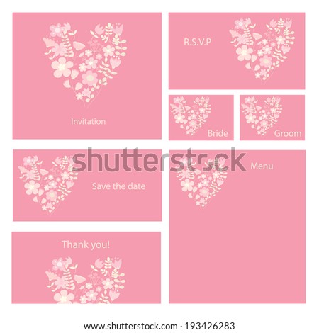 Wedding set in pink tones. Invitation, thank you card, save the date, rsvp cards.