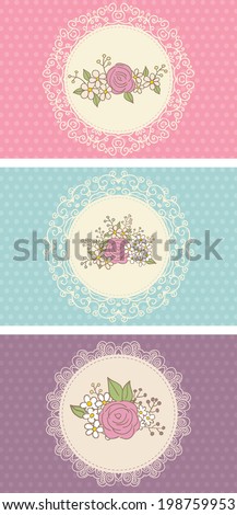 Collection of cute cards with flowers. Pink, blue, violet background and white lace frame. Ideal for scrap booking, celebration card, invitation.