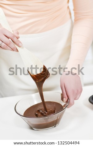 A woman making chocolate muffins or brownie.