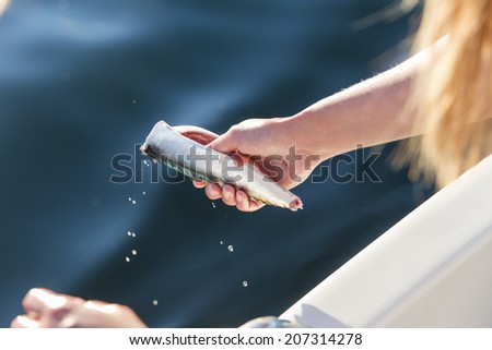 Woman cleaning mackerel in boat at sea