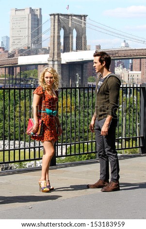 NEW YORK - SEPTEMBER 5: AnnaSophia Robb and her co-star Chris Wood film scenes for TV show, \'The Carrie Diaries,\' at Brooklyn Heights Promenade on September 5, 2013 in Brooklyn, New York.