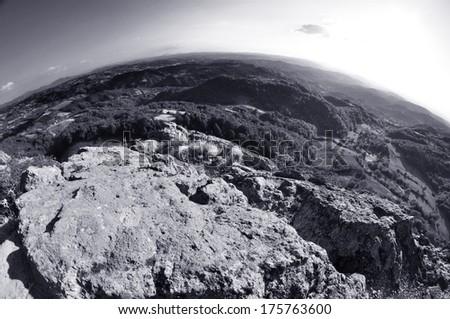 The view from the top of the mountain, black and white