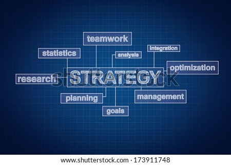 Strategy planning concept word cloud on blueprint, technical drawing style
