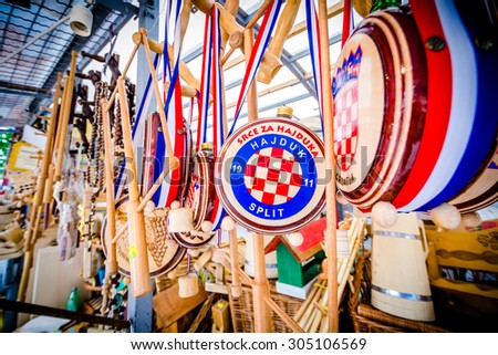 METKOVIC, CROATIA - JULY 20: Hajduk Split wooden souvenirs for sale on July 20, 2013.