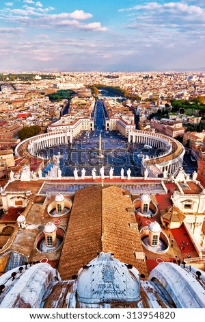Panoramic view of city of Rome and St. Peter\'s Square from top of the dome of the basilica of St. Peter