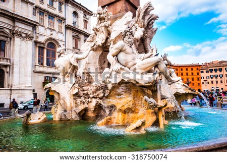 ROME, ITALY - OCTOBER 29: Fountain Four rivers in Piazza Navona, the city square in Rome, Italy on October 29, 2014.
