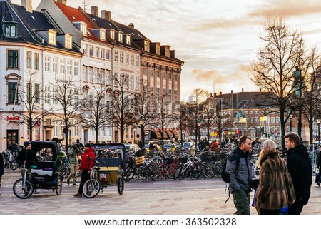 COPENHAGEN, DENMARK - JANUARY 3, 2015: Stroget is a pedestrian, car free area in Copenhagen, Denmark. Popular tourist attraction in town centre is one of longest pedestrian shopping streets in Europe.
