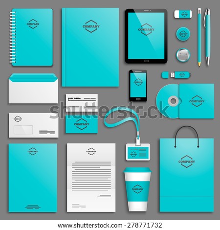 Corporate identity template set. Business stationery mock-up with logo. Branding design. Letter envelope, card, catalog, pen, pencil, badge, paper cup, notebook, tablet pc, mobile phone, letterhead