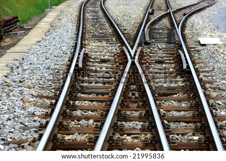 Detail view of a railroad switch with rails ties and gravel